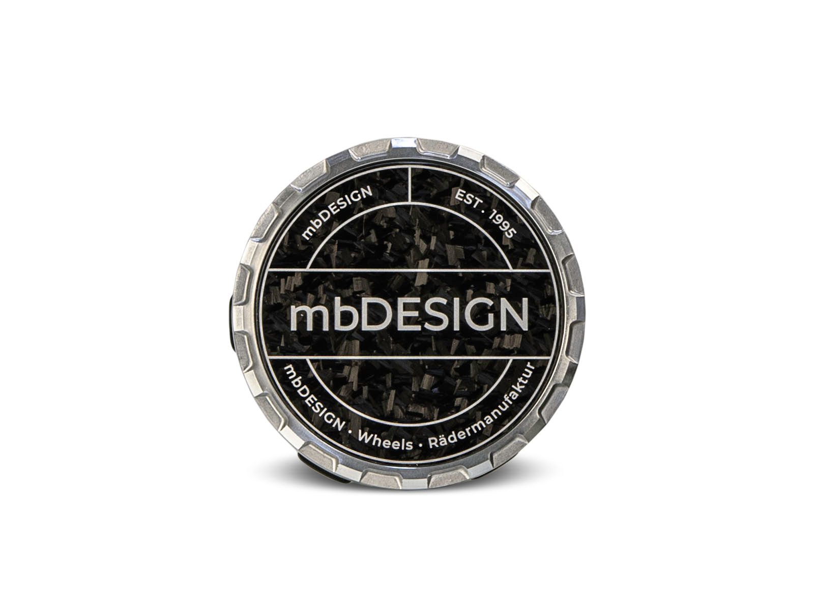 mbDESIGN Forged Carbon Nabendeckel 69mm aus hochwertigem Aluminium, CNC-gefräst in Alunatur mit Klarlack, mbDESIGN Schriftzug