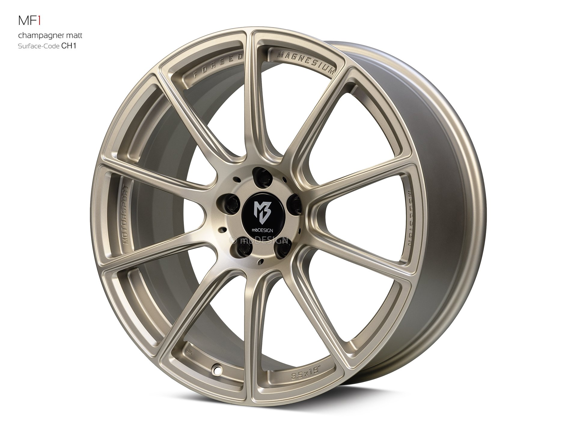 mbDESIGN MF1 Schmiederad 8,5x19 in Champagner matt – Perspektive 2 Links