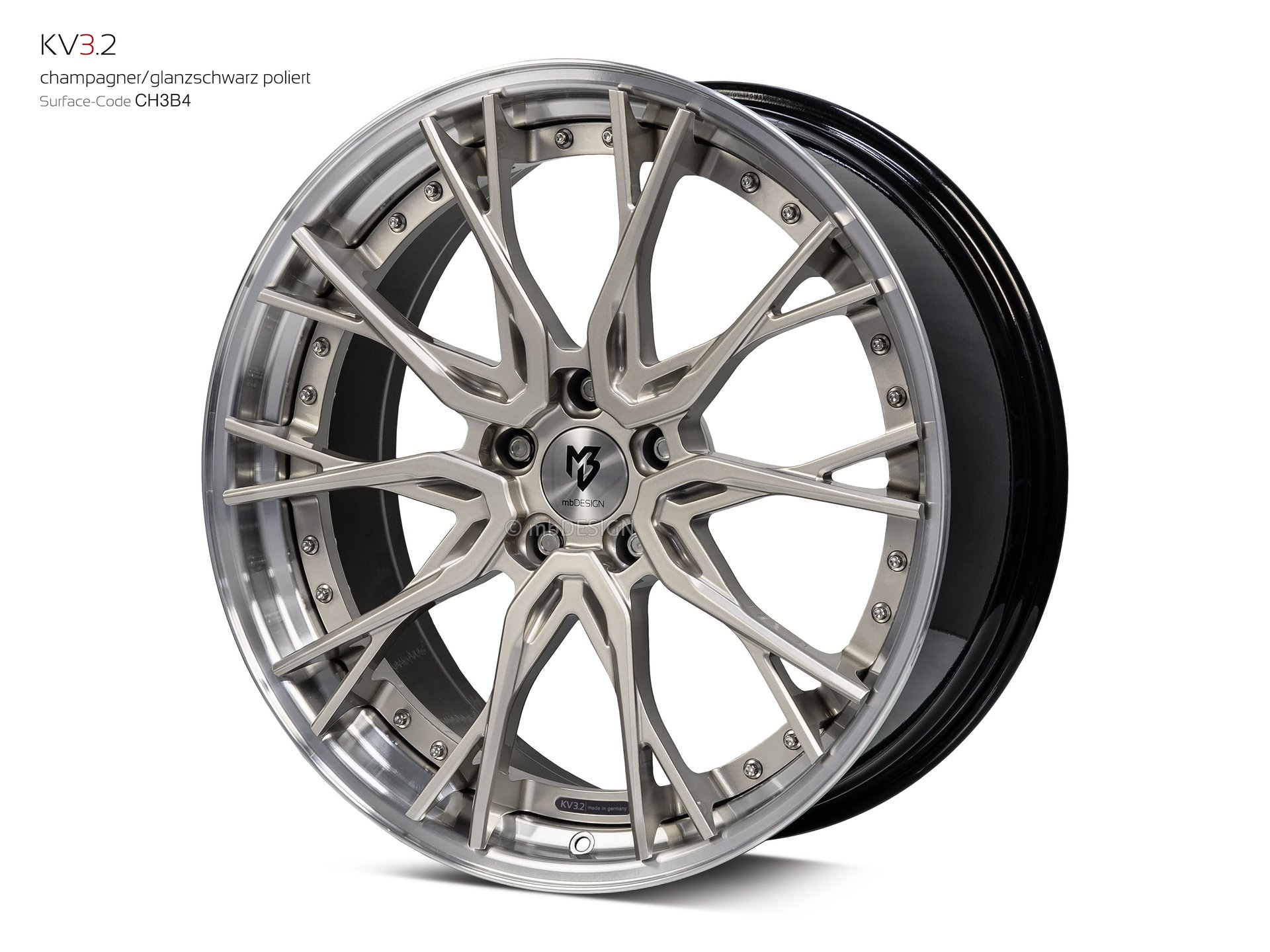 mbDESIGN KV3.2 Schmiederad 9x21 konkaves Design in Champagner/Glanzschwarz poliert – Perspektive 2 Links