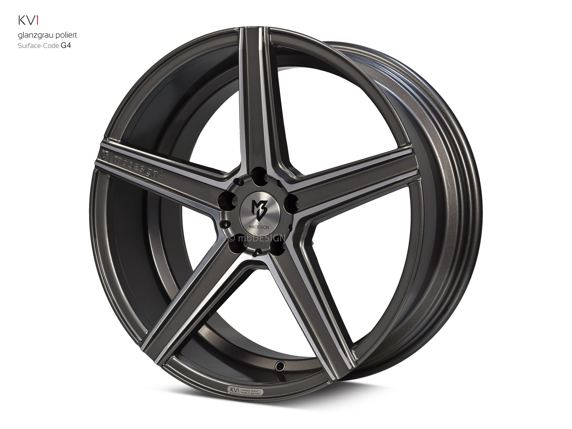 mbDESIGN KV1 Rad 8,5x19 konkaves Design in Glanzgrau poliert – Perspektive 2 Links