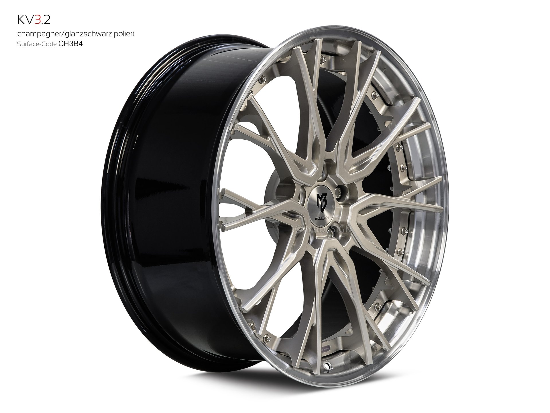 mbDESIGN KV3.2 Schmiederad 9x21 konkaves Design in Champagner/Glanzschwarz poliert – Perspektive 2