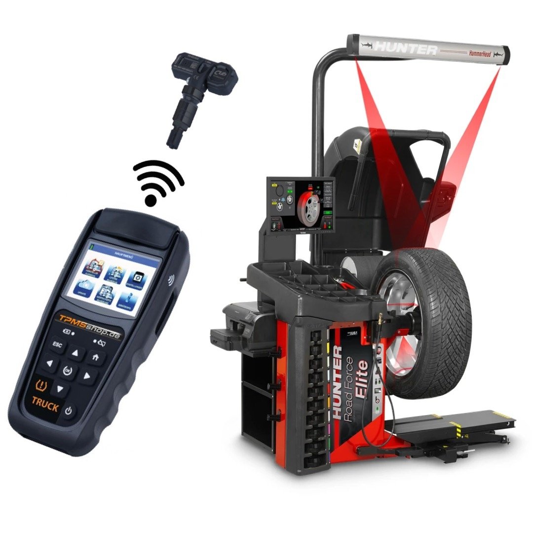 Tire assembly with TPMS, balancing and optimizing incl. adhesive weights with HUNTER GSP9700