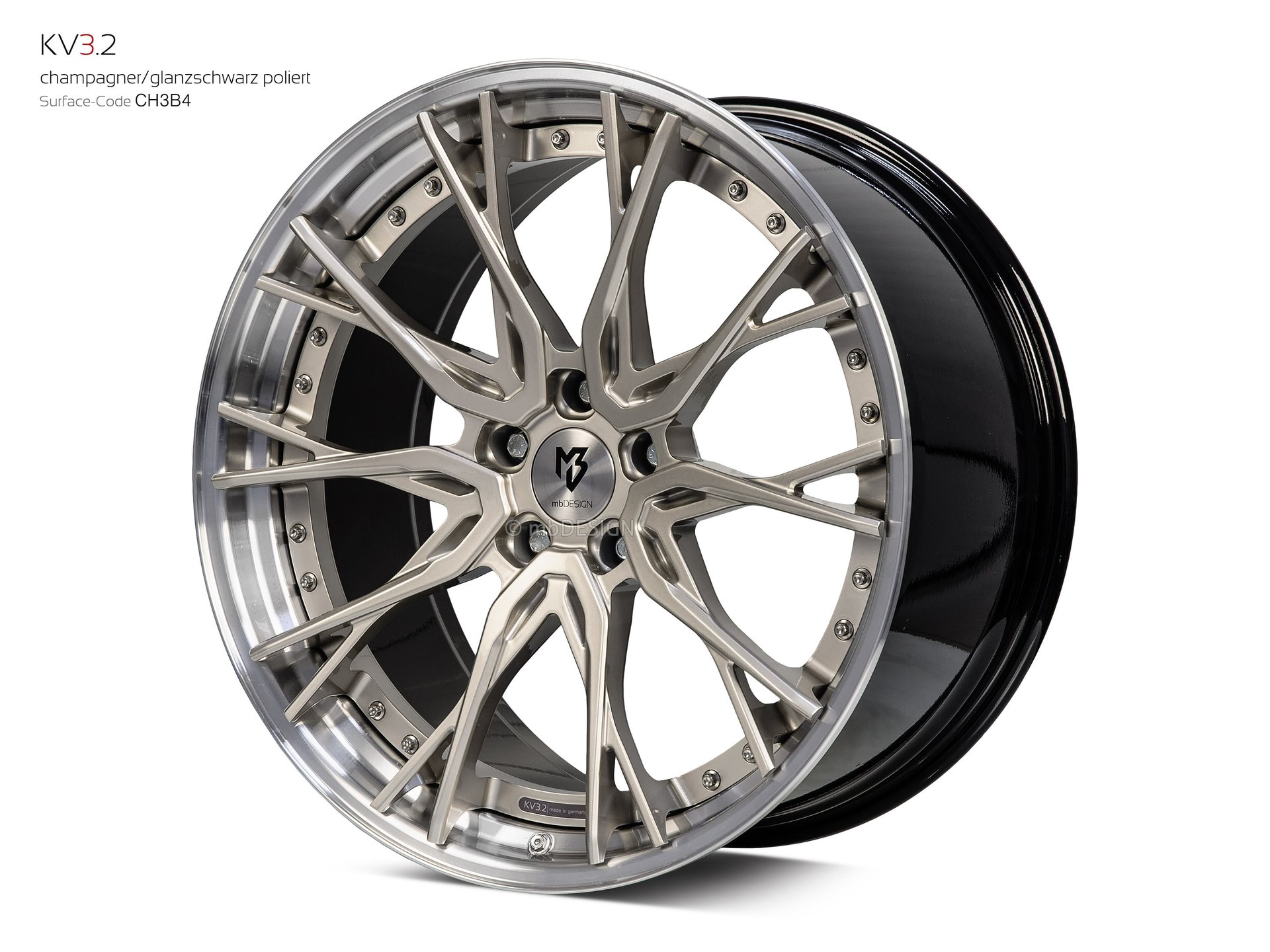 mbDESIGN KV3.2 Schmiederad 10,5x21 stark konkaves Design (DC) in Champagner/Glanzschwarz poliert – Perspektive 2 Links